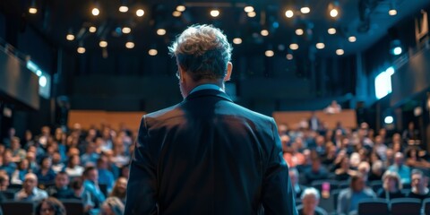 Obraz premium Abstract Speaker Performing on Stage Under Spotlight with Large Audience. Business Professionals or Students Watching Presentation in Auditorium, Attending Training or Seminar. Packed Conference Hall 