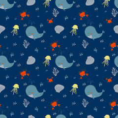 Vector seamless minimalist cartoon pattern, summer concept, sea or ocean with whale, crab, jelly fish, corals and bubbles.
