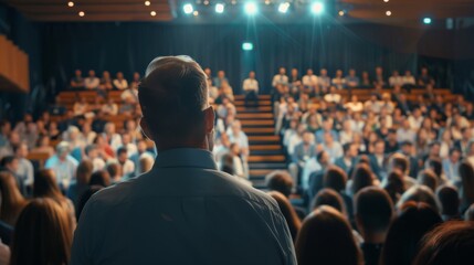 Naklejka premium Abstract Speaker Performing on Stage Under Spotlight with Large Audience. Business Professionals or Students Watching Presentation in Auditorium, Attending Training or Seminar. Packed Conference Hall 