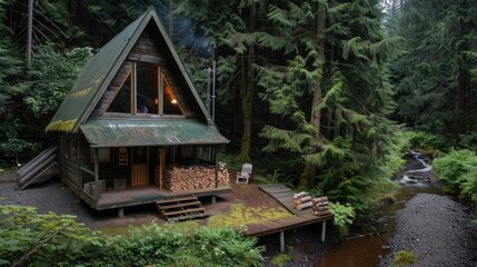 A charming A-frame cabin nestled in a dense forest, with a cozy porch, firewood stacked neatly, and a small creek nearby
