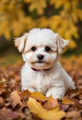 Maltipoo with fluffy ears peering out from a pile of autumn leaves