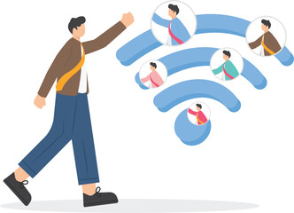 Young happy people chatting through social networks with friends. Best Friends concept. Social media on mobile. People character vector outline illustration flat design.
