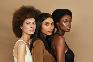 Obraz premium Collage with close-up female eyes of different ethnicity. Multicultural diversity and friendship. fashion make-up, digital ai. Beautiful simple AI generated image in 4K, unique.