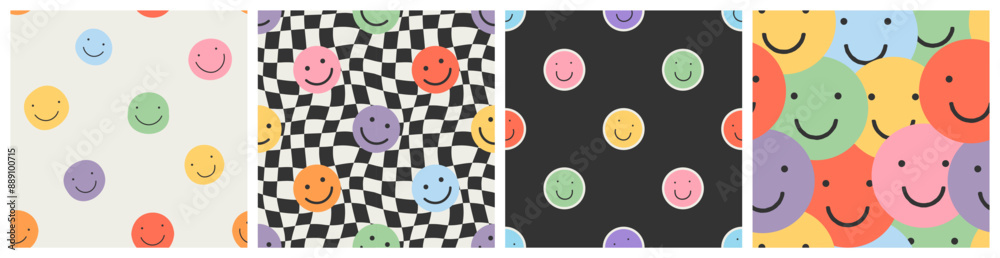 Poster Funny smiling happy face colorful checkered seamless pattern set. Retro psychedelic checker board tile smile icon background texture collection. Trendy cartoon doodle wallpaper.