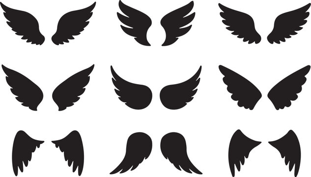 Wings icons. Set of black wings icons. Bird wings, angel wings elements. Wing Collection in different shape. Vector illustration