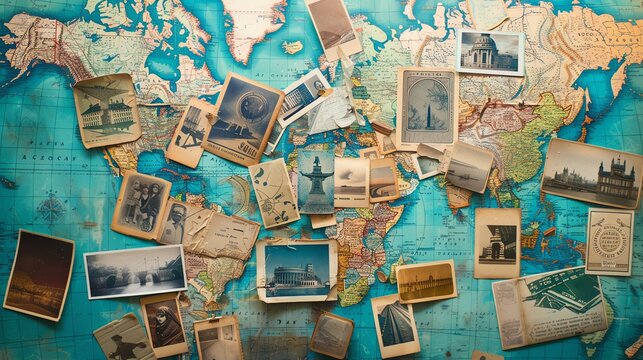Vintage postcards are scattered on top of a world map.