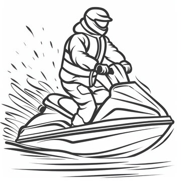 recommend clip art: Black and white illustration of a jet ski rider speeding on water, creating a splash.
