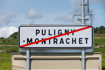 Fototapeta premium Road sign Puligny-Montrachet village, wine of Burgundy, France. High quality white dry wine making from Chardonnay grapes on grand cru classe vineyards