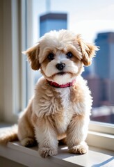 Maltipoo with fluffy ears sitting on a windowsill overlooking a city skyline