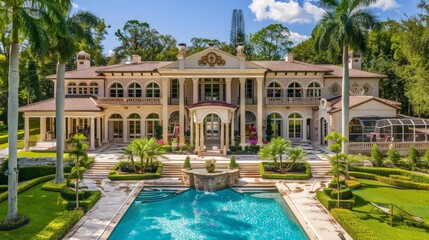 This property includes a gourmet kitchen, a formal dining room, and multiple living areas. The outdoor space features a swimming pool, a tennis court, and beautifully landscaped gardens