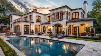 This stunning home includes a gourmet kitchen, a grand dining room, and a living room with high ceilings and large windows. The outdoor area features a swimming pool and beautifully landscaped gardens
