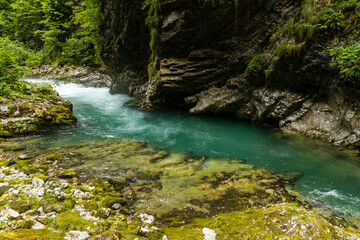 Vintgar Gorges Park a few km from Lake Bled, Slovenia. Wooden walkways accompany the path above the river rapids and waterfalls. River hits rocks and creates fog.Adventure family holidays. Freshness.
