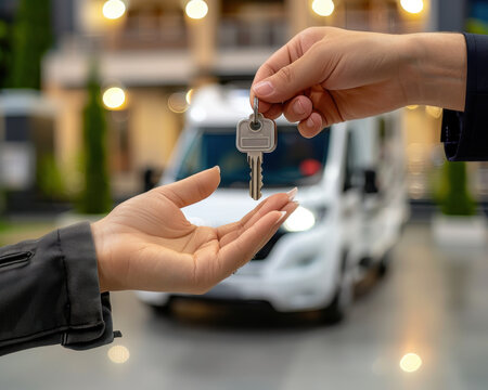 RV dealer giving the keys to a buyer