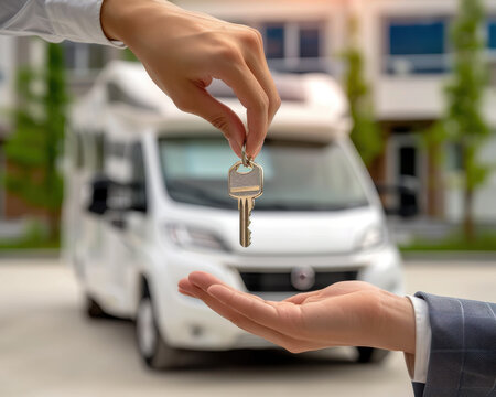 RV dealer giving the keys to a buyer
