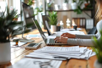 HR specialist reviewing a stack of resumes at their desk, highlighting the meticulous process of candidate selection. The desk is organized with files, a computer, and office supplies, creating a