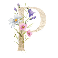 Letter P, gold floral monogram with watercolor flowers and leaf. Golden letterhead, initial perfectly for logo, wedding invitation, greeting card, poster . Holiday digital design hand drawing.