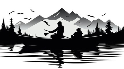 a black and white silhouette of fisherman in boat on lake with trees