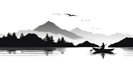 a black and white silhouette of fisherman in boat on lake with trees