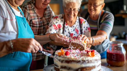 Group Of Friends In Their Fifties Decorating A Cake Together
