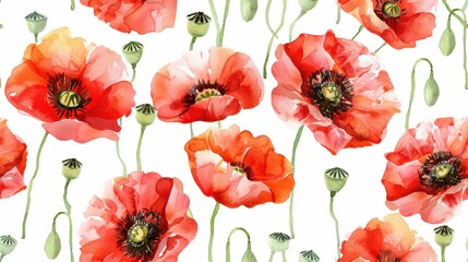 Seamless pattern with beautiful red poppies on a white background, perfect for textiles, wallpapers, and botanical designs.