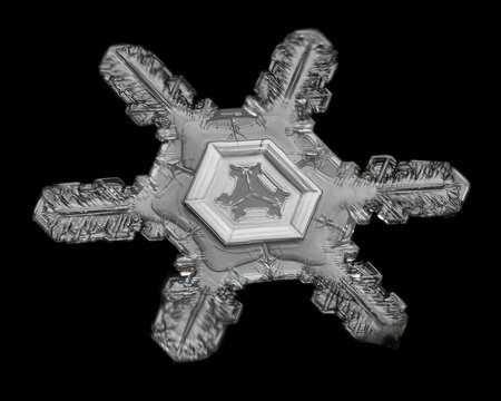 Close-up of a single snowflake with intricate patterns against a black background.