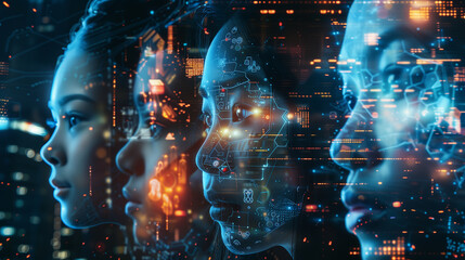 A digital collage of faces from different backgrounds, each surrounded by glowing symbols and holographic imagery representing the power to control AI technology in future society.