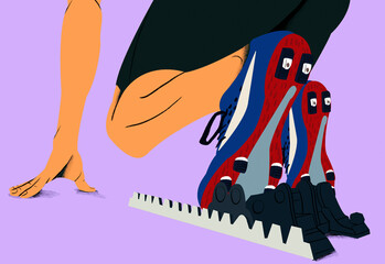 A sprinter's legs at the starting blocks, one with a prosthetic, poised for a race on a purple background