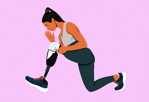 A stylized illustration of a woman in sportswear doing a lunge exercise against a pink background.