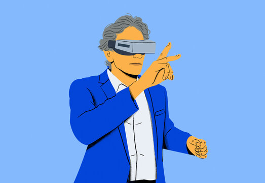 Illustrated person in blue suit with virtual reality headset gesturing with hands against a solid color background.