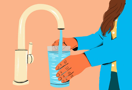 A person is filling a glass with water from a kitchen tap with their right hand, against a pastel peach background.