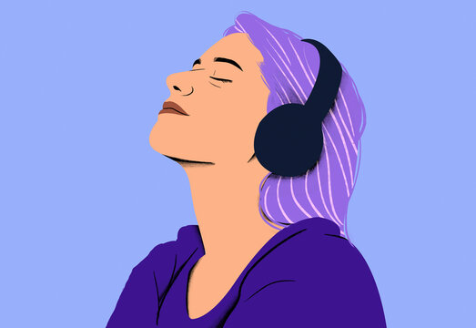 Woman with purple hair enjoying music with black headphones against a blue background.