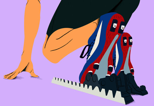 A sprinter's legs at the starting blocks, one with a prosthetic, poised for a race on a purple background