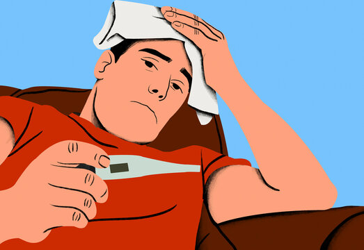 Man in a red shirt holding a thermometer and touching his forehead with a cloth, looking unwell.