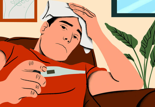 A cartoon illustration of a man lying on a couch looking sick, holding a thermometer and a cloth on his forehead.