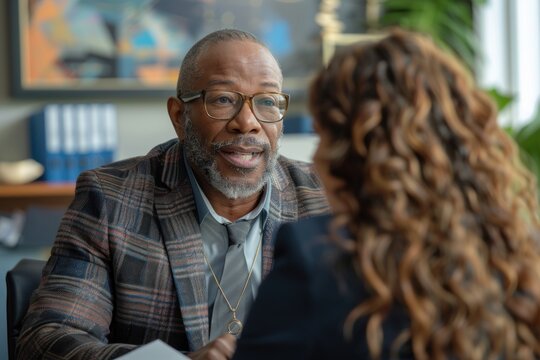 HR specialist conducting a performance review meeting with an employee in a private office. The discussion is focused and constructive, with the specialist providing feedback and guidance while the