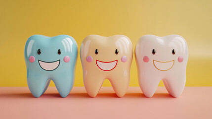 Obraz premium Three cute cartoon teeth with happy faces, bright colors, and a solid background color. The rendering has a 3D effect. 