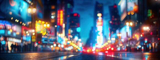 A city street at night with a lot of lights and a lot of people. Scene is lively and bustling