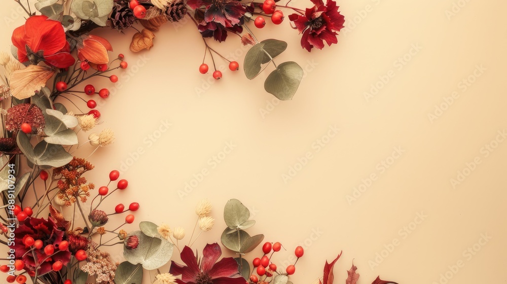 Poster Autumn arrangement Wreath of dry flowers eucalyptus berries on beige backdrop Fall Thanksgiving concept Flat lay top view empty space