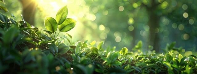 A leafy green forest with a small plant growing in the middle. Concept of growth and life, as the plant is surrounded by lush greenery