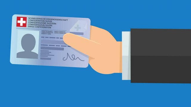A hand presents a Swiss ID card from the right on blue background (flat design)