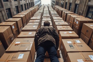 Man looking up at a towering stack of boxes in a warehouse, representing logistics, storage, and the scale of modern distribution