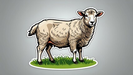 A cute cartoon sheep standing on grass, isolated on a grey background.