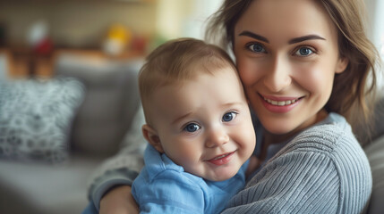 Fototapeta premium Close-up of a happy young mother with her baby boy at home, sitting on the sofa and smiling at the camera. The mother is holding the child, dressed in blue , near the couch. 
