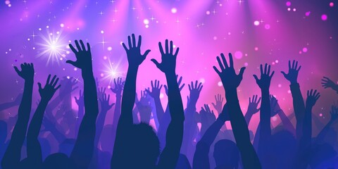Night concert with people silhouettes hands up against projector lit festive concert scene