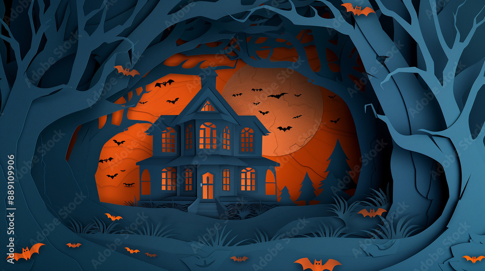 Wall mural a spooky haunted house surrounded by ominous trees and flying bats in an orange and blue color schem