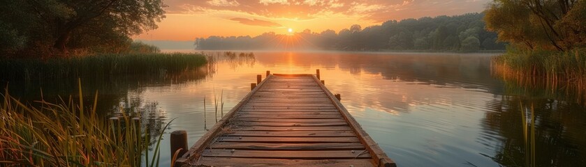 Fototapeta premium Serene Sunrise Over Tranquil Lake with Wooden Pier and Lush Greenery in the Background