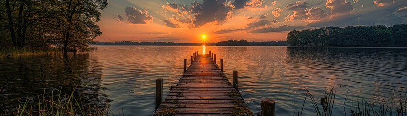 Fototapeta premium Stunning Sunset Over Serene Lake with Wooden Pier and Dramatic Sky Reflections
