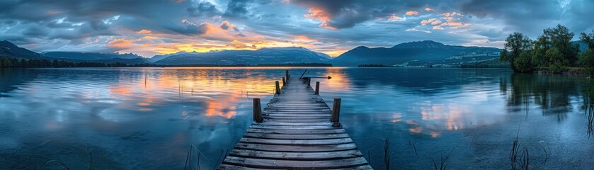 Obraz premium Stunning Sunset Over Serene Lake with Wooden Pier and Majestic Mountain Range in the Background