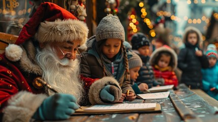Santa reading letters from children from different countries at the Christmas market