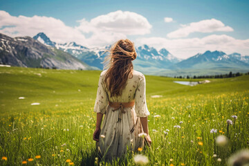 Woman standing in a meadow in the mountains, generative ai